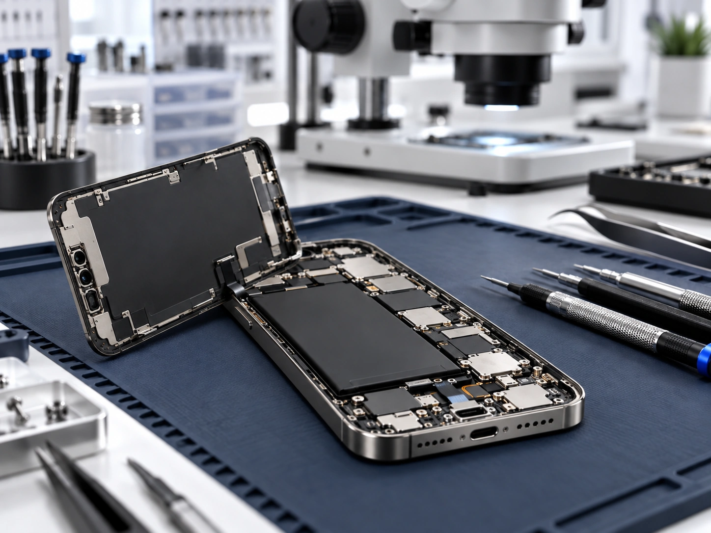 Ремонт платы iPhone 15 Pro Max под микроскопом