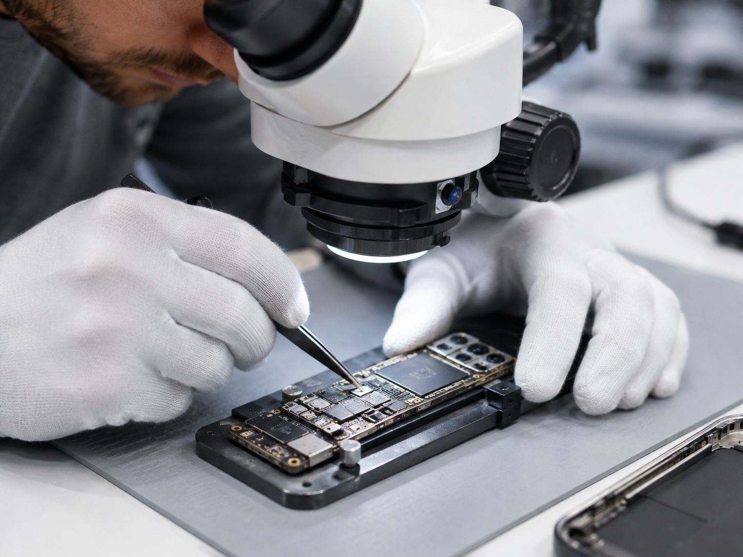 Ремонт платы iPhone под микроскопом