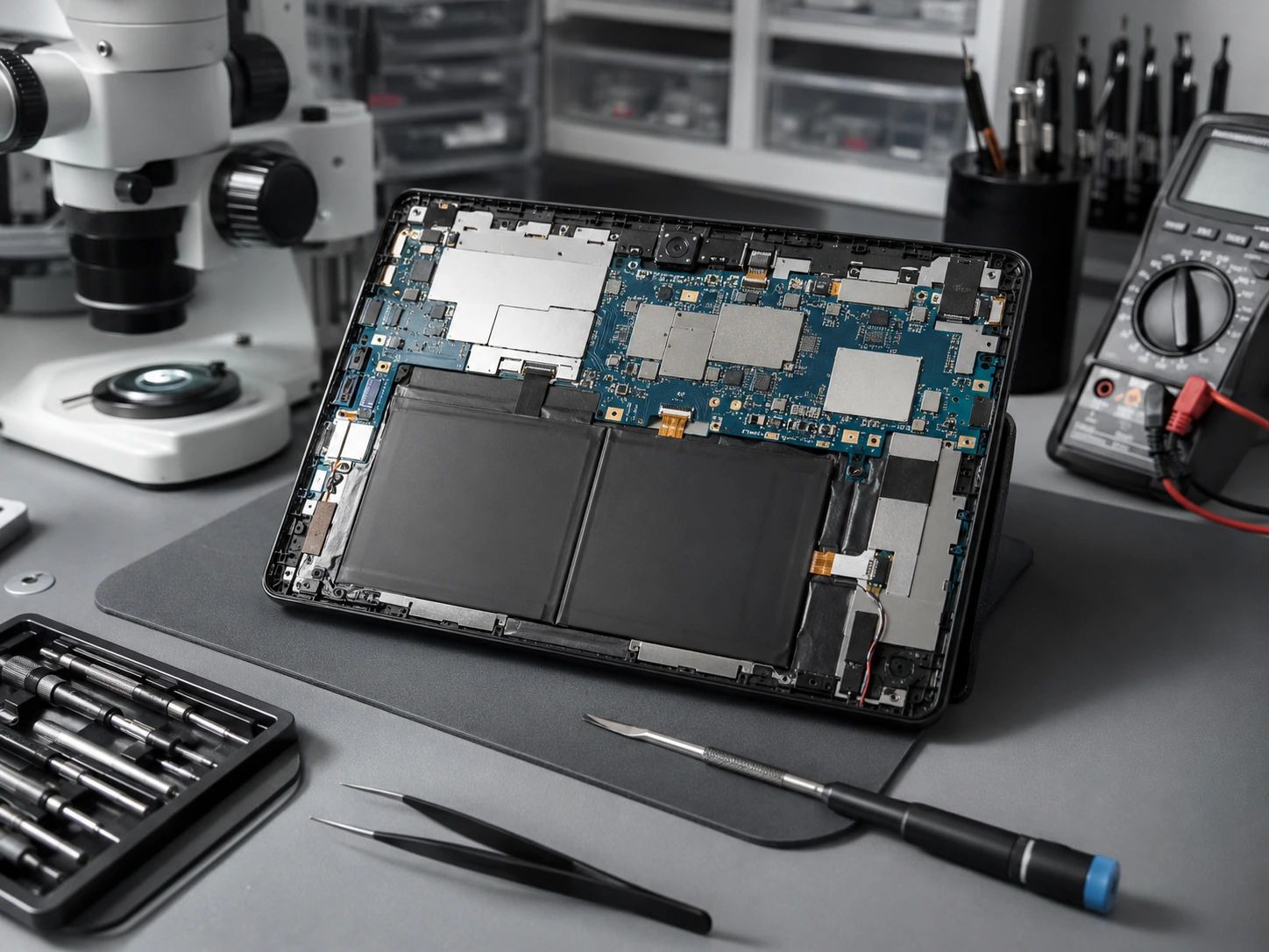 Ремонт системной платы планшета Lenovo под микроскопом