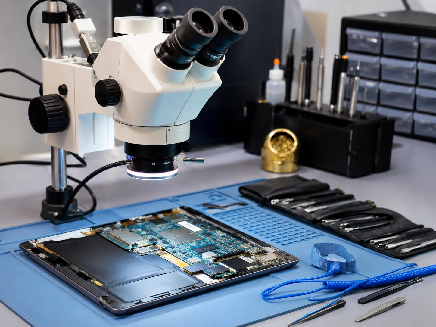 Диагностика платы планшета Lenovo под микроскопом